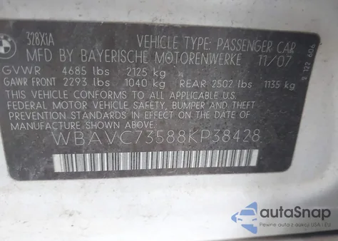 2008 BMW 328Xi из США, поврежденный, VIN WBAVC73588KP38428